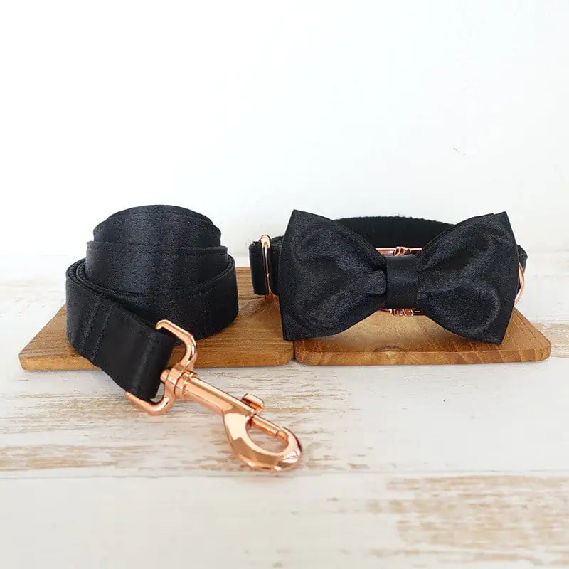 Metal Buckle Dog Collar with Bow Tie - Black Velvet Adjustable Collar & Leash Set