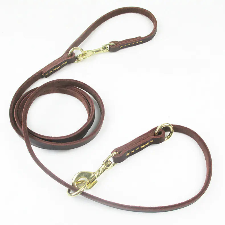 Multifunctional Dog Leash with Double Copper Hook - Heavy Duty 2.5M Leather Lead