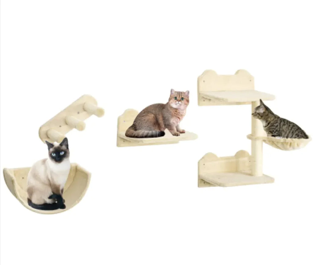 Cat Wall Shelves Set - 4-Piece Furniture with Hammock, Platforms & Scratching Post