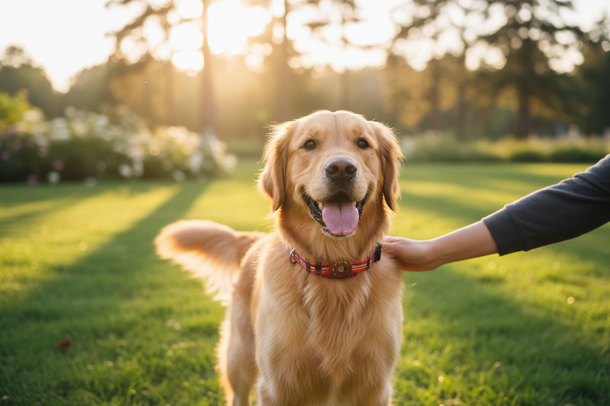 Happy dog wearing TheHoomy AirTag collar outdoors