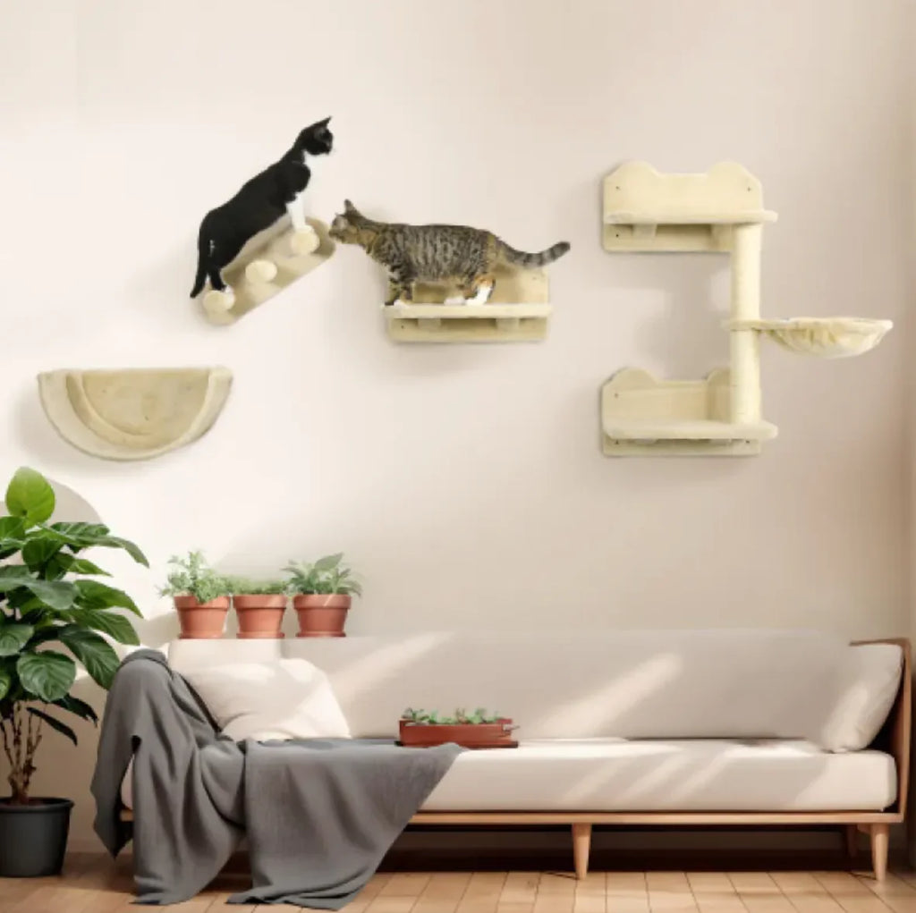 Cat Wall Shelves Set - 4-Piece Furniture with Hammock, Platforms & Scratching Post