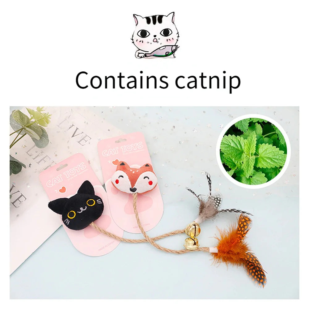 Funny Cat Toy with Feather, Bell & Hemp Rope - Interactive Plush Doll