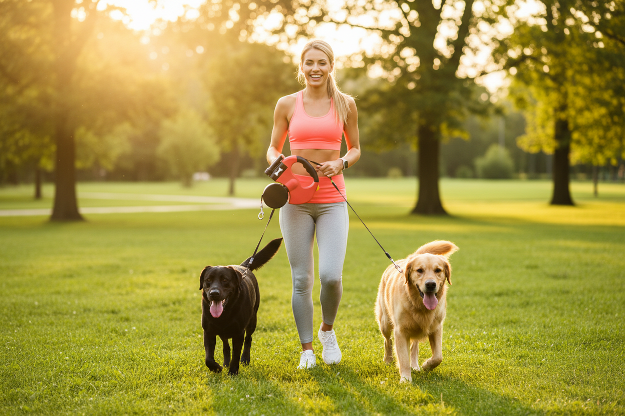 Person walking two dogs with automatic double leash in park